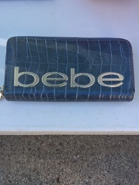 bebe Croc-Embossed Zip Wallet in Deep Teal with Gold Logo
